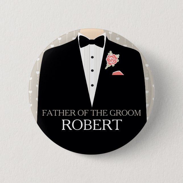 Father of the groom tuxedo name wedding pin button (Front)
