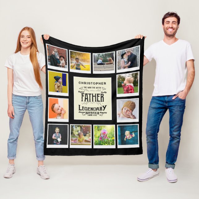Father Photo Collage Template Name Black Fleece Blanket (In Situ)