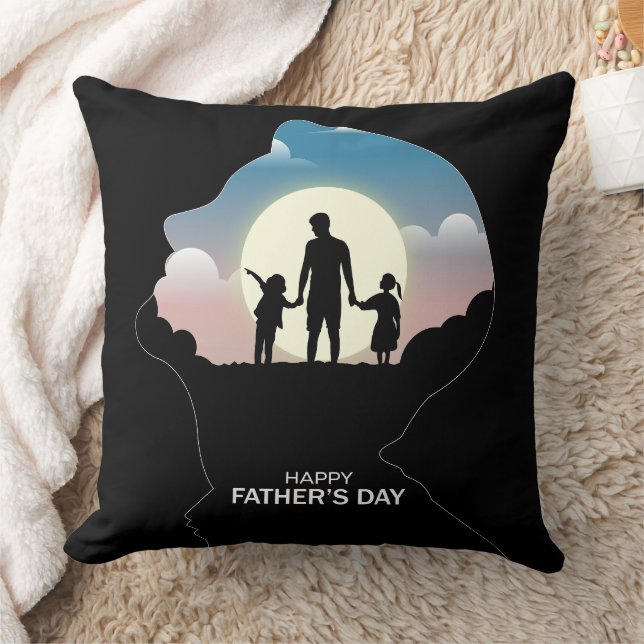 Father Profile Silhouette With Sunset Family Throw Pillow (Blanket)