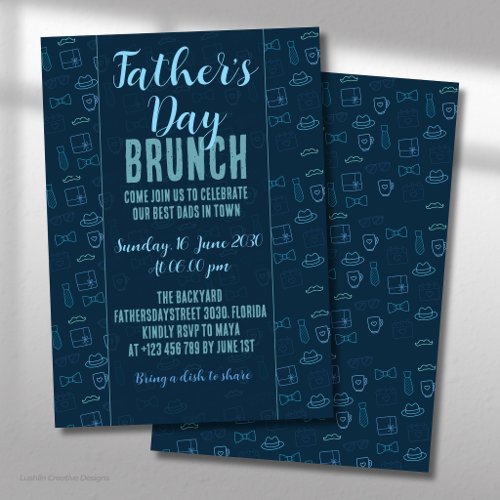 Father’s Day Dark Blue Neon Icons Brunch Invitation