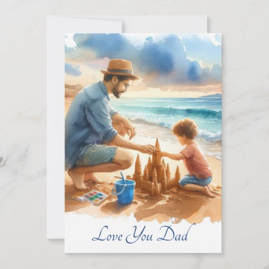 Father Son On Beach Making Sand Castle Watercolor