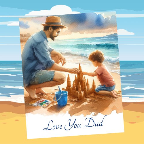 Father Son On Beach Making Sand Castle Watercolor Holiday Card