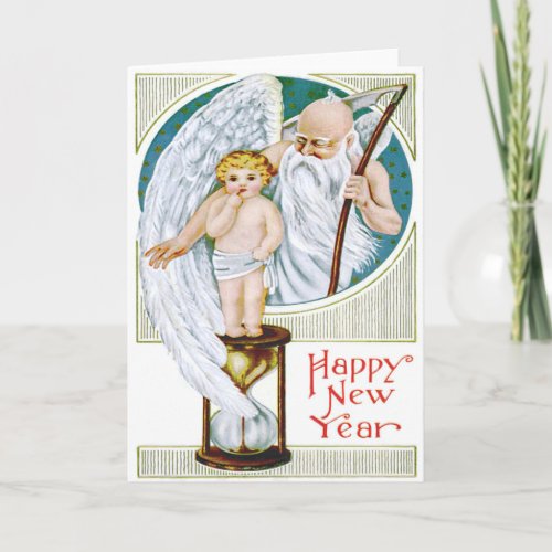 Father Time Baby New Year Hourglass Holiday Card