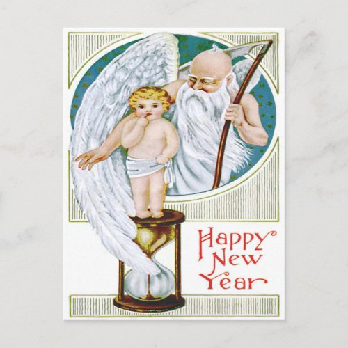 Father Time Baby New Year Hourglass Holiday Postcard