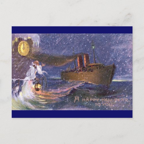 Father Time  Steamship Vintage New Year Holiday Postcard