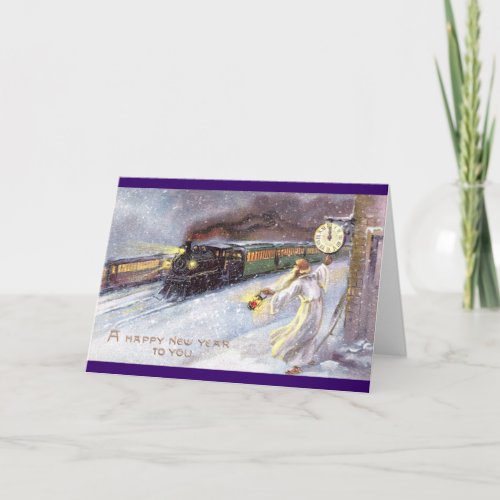 Father Time  Train Vintage New Year Holiday Card