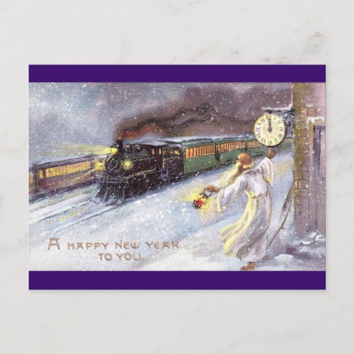 Father Time  Train Vintage New Year Holiday Postcard