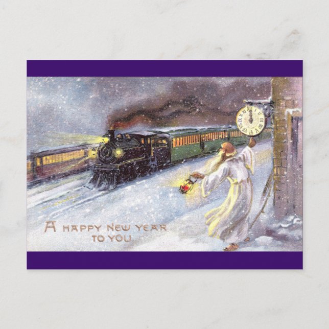 Father Time & Train Vintage New Year Holiday Postcard (Front)