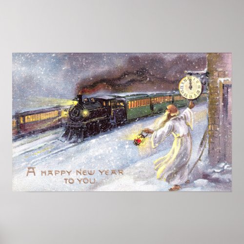 Father Time  Train Vintage New Year Poster
