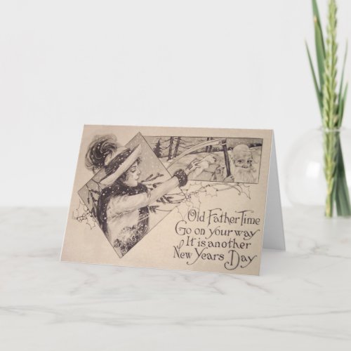 Father Time Woman Scythe Holly Holiday Card