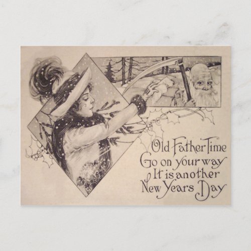 Father Time Woman Scythe Holly Postcard