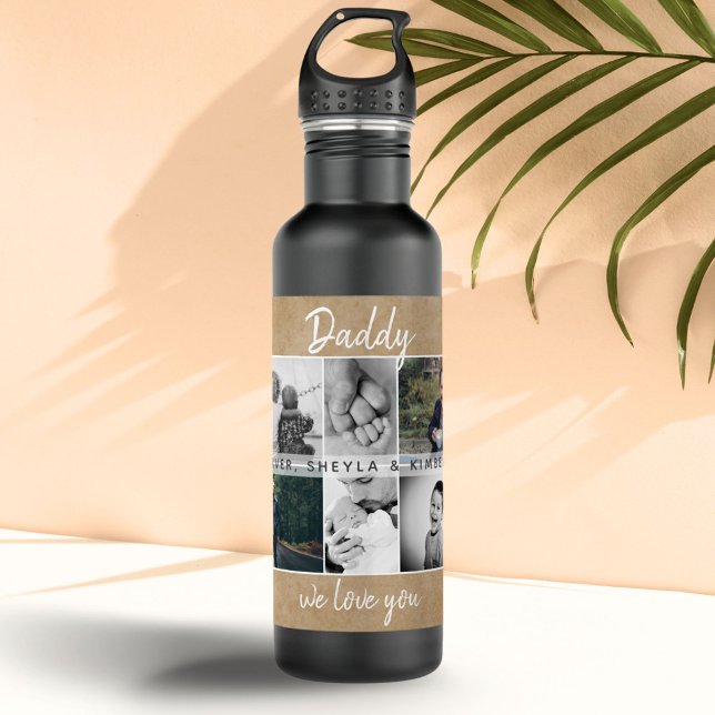 Father with Kids and Family Dad 6 Photo Collage Stainless Steel Water Bottle (Creator Uploaded)