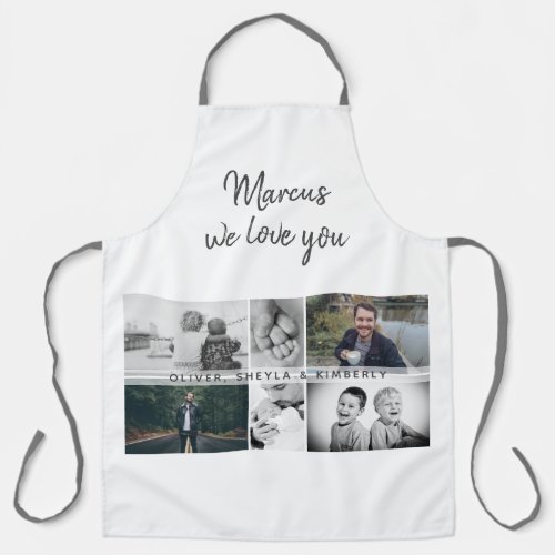 Father with Kids and Family Dad Photo Collage Apron - Father with Kids and Family Dad Photo Collage Apron. Collage of 6 photos, name and sweet message in a trendy script and names of children that overlay the photos. Add your 6 favorite family photos and personalize with your names. Great keepsake and a gift for birthday, Father`s Day or Christmas for a dad, new dad or grandfather.