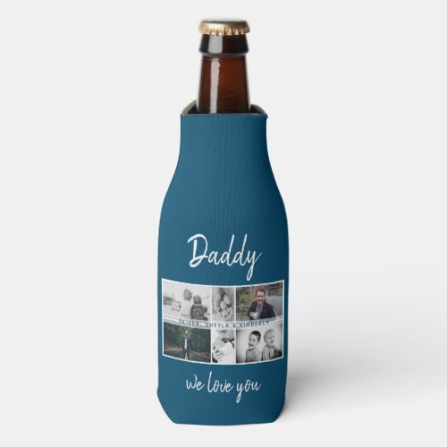 Father with Kids and Family Dad Photo Collage Bottle Cooler - Father with Kids and Family Dad Photo Collage Blue Bottle Cooler. Collage of 6 photos, father`s name with a sweet message in a trendy white script and names of children that overlay the photos. Add your 6 favorite family photos. Sweet keepsake and a gift for birthday, Father`s Day or Christmas for a dad, new dad or grandfather.