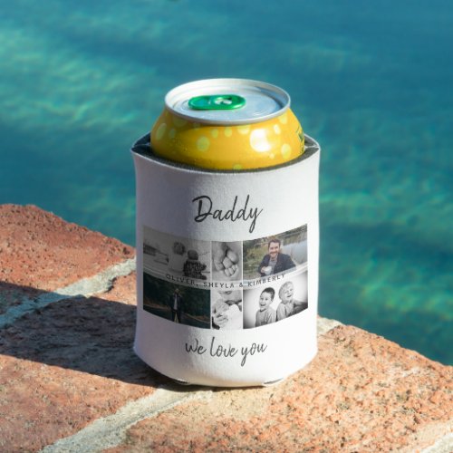 Father with Kids and Family Dad Photo Collage Can Cooler - Father with Kids and Family Dad Photo Collage Can Cooler. Collage of 6 photos, father`s name with a sweet message in a trendy script and names of children that overlay the photos. Add your 6 favorite family photos. Sweet keepsake and a gift for birthday, Father`s Day or Christmas for a dad, new dad or grandfather.