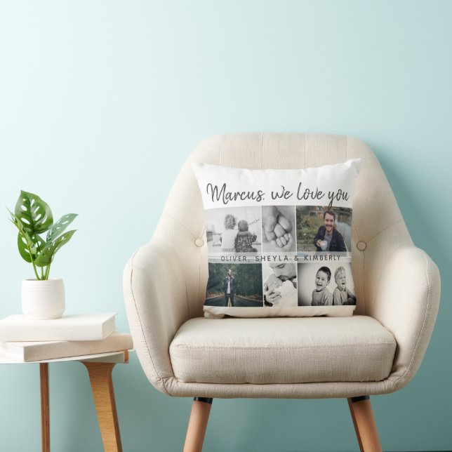 Father with Kids and Family Dad Photo Collage Throw Pillow (Chair)