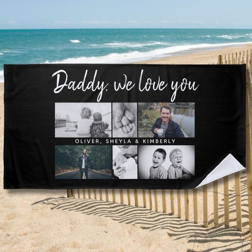 Father with Kids Family Dad 6 Photo Collage Black Beach Towel