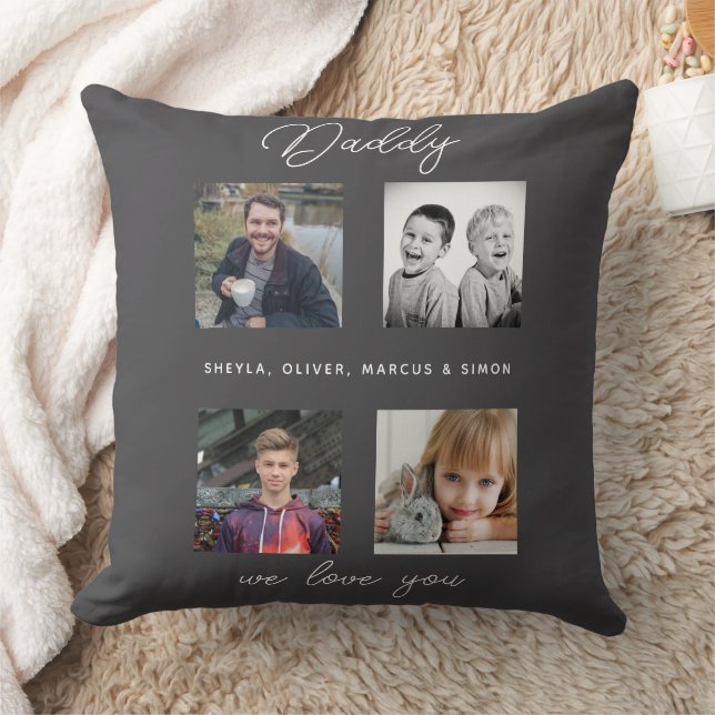 Father with Kids Family Daddy 4 Collage Throw Pillow (Blanket)