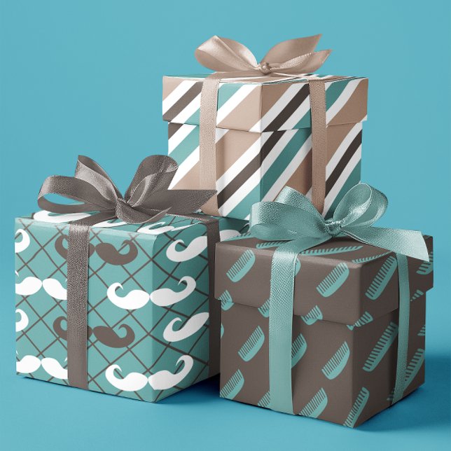 Father's Brown & Teal Mustache & Comb  set of 3 Wrapping Paper Sheets (Father's Brown & Teal Mustache & Comb set of 3 Wrapping Paper Sheets)