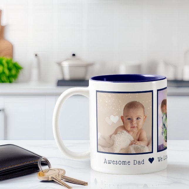 Father's Day 3 Photos Personalized Navy Blue Two-Tone Coffee Mug (Father's Day 3 Photos Personalized Navy Blue Two-Tone Coffee Mug)