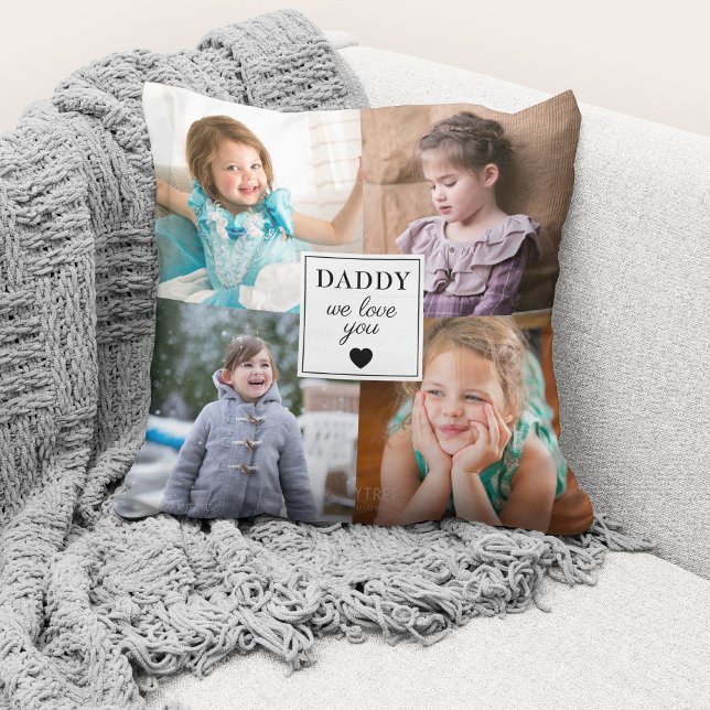 Father's Day 4 Photo Collage We Love You Throw Pillow (Cute custom photo collage "Daddy We Love You" throw pillow.)