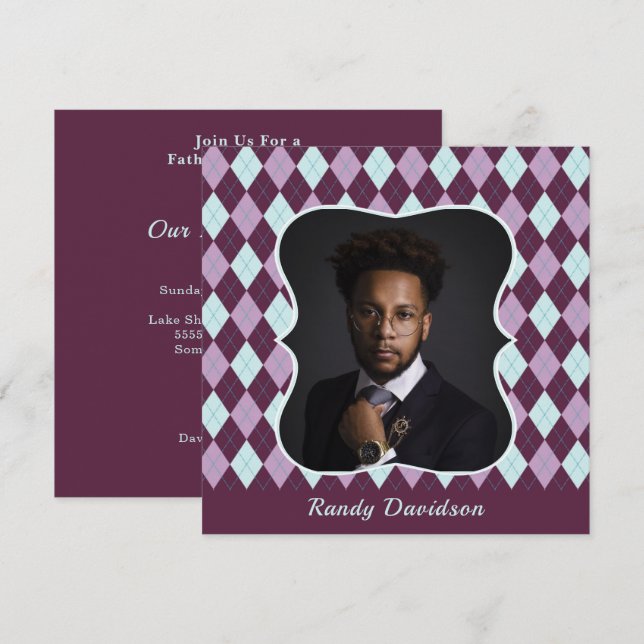 Fathers Day Add Photo Purple Argyle Dinner Party Invitation (Front/Back)