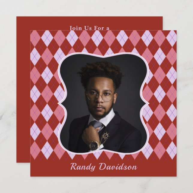 Fathers Day Add Photo Red Pink Argyle Dinner Party Invitation (Front/Back)