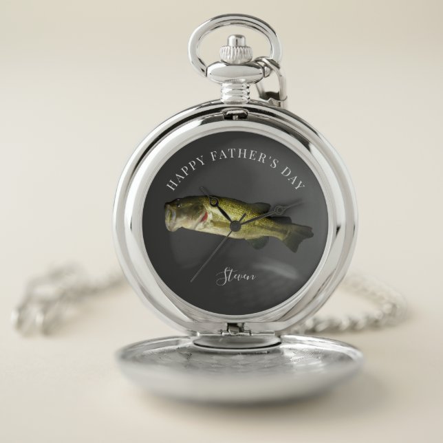 Fathers Day Bass Fish Modern Silver Personalized Pocket Watch (Inside)