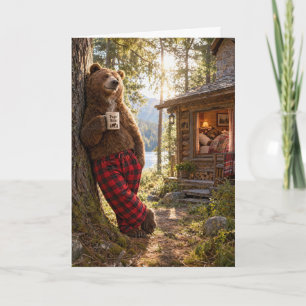 Father's Day Bear Relaxing in Woods with Coffee Card