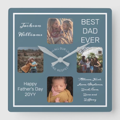 Fathers Day Best Dad Ever Blue Four Photo Square Wall Clock