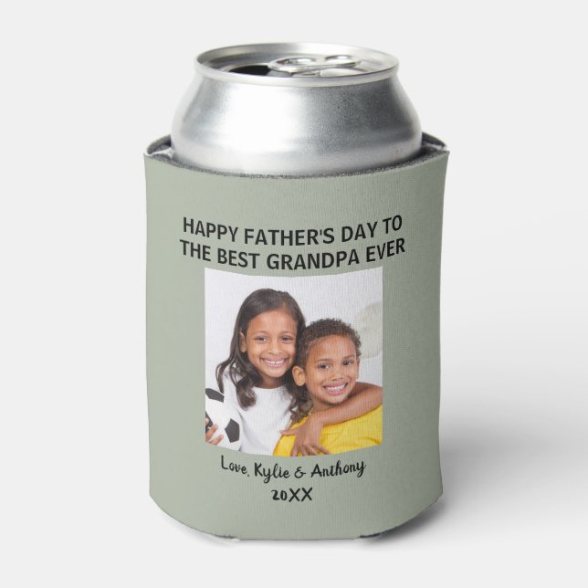 Father's Day Best Grandpa Ever Custom Photo Green Can Cooler (Can Front)