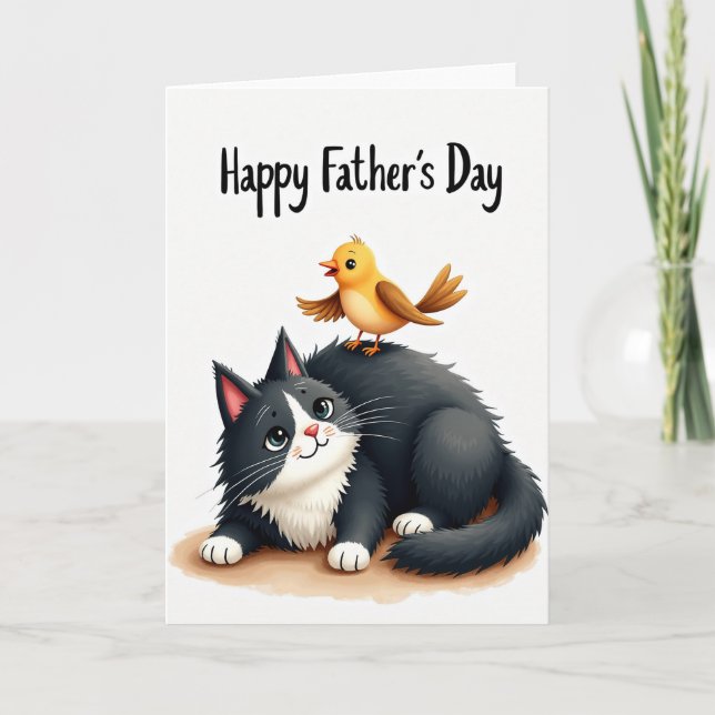Fathers Day Bird On Cat Art Card (Front)