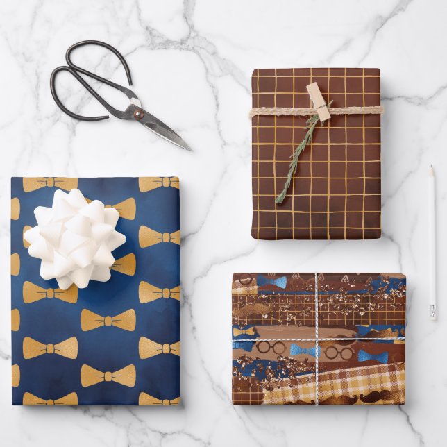 Father's Day Bow Ties, Glasses & Mustaches Wrapping Paper Sheets (Front)
