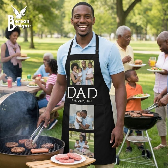 Fathers Day Caps Black 3 Photo Dad Established  Apron (DAD ESTABLISHED 3 PHOTO black apron with customizable text and photos. Ideal Father's Day Dad gift.)