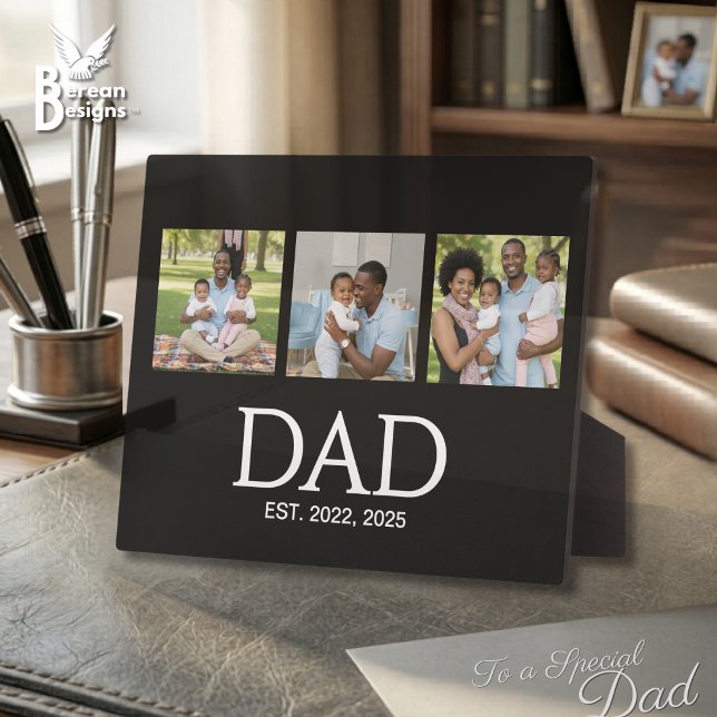 Fathers Day Caps Black 3 Photo Dad Established  Plaque (Customizable DAD ESTABLISHED 3-photo Desktop Plaque. Ideal gift for Father's Day. Also in white.)