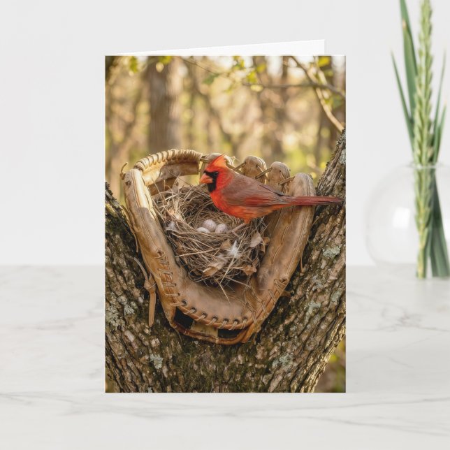 Father's Day Cardinal Nest in a Baseball Glove Card (Front)