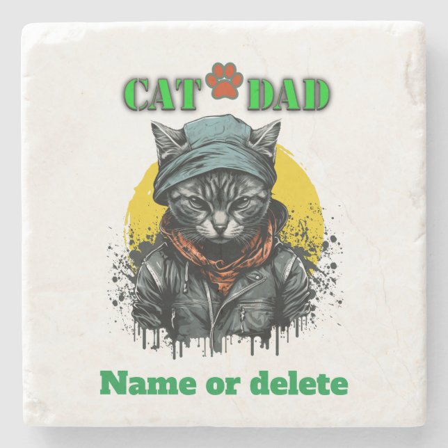 Father's Day - CAT DAD. Editable name/message Stone Coaster (Front)