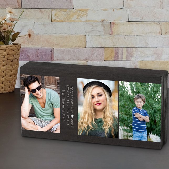 Father's Day Collage with 3 Photos and Custom Text Wooden Box Sign (Creator Uploaded)