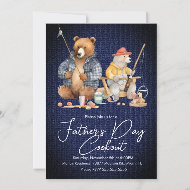 Father's Day Cookout Bear Fishing Picnic Party B Invitation (Front)