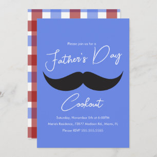 Father's Day Cookout Mustache Blue Plaid Invitation