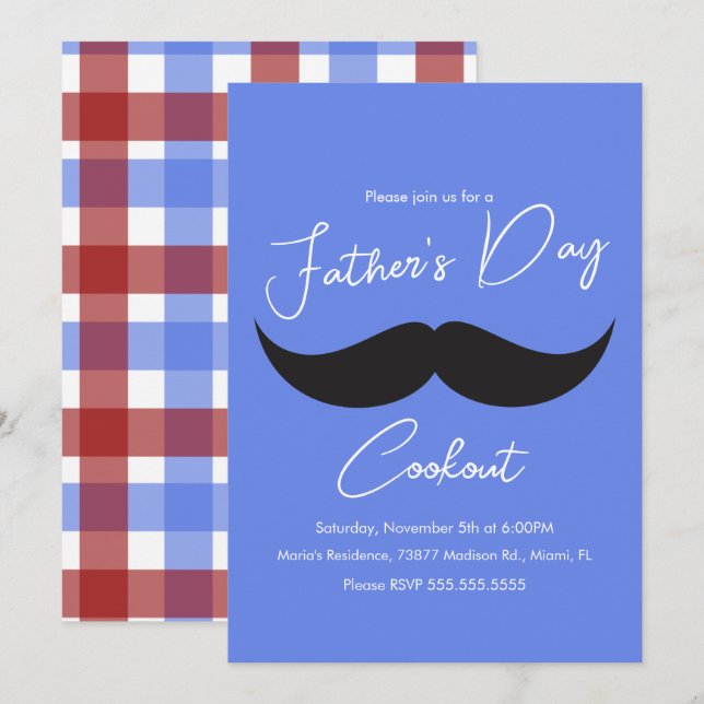 Father's Day Cookout Mustache Blue Plaid Invitation (Front/Back)