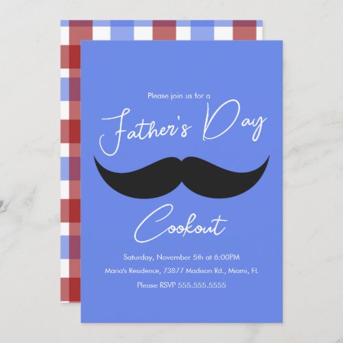 Fathers Day Cookout Mustache Blue Plaid Invitation