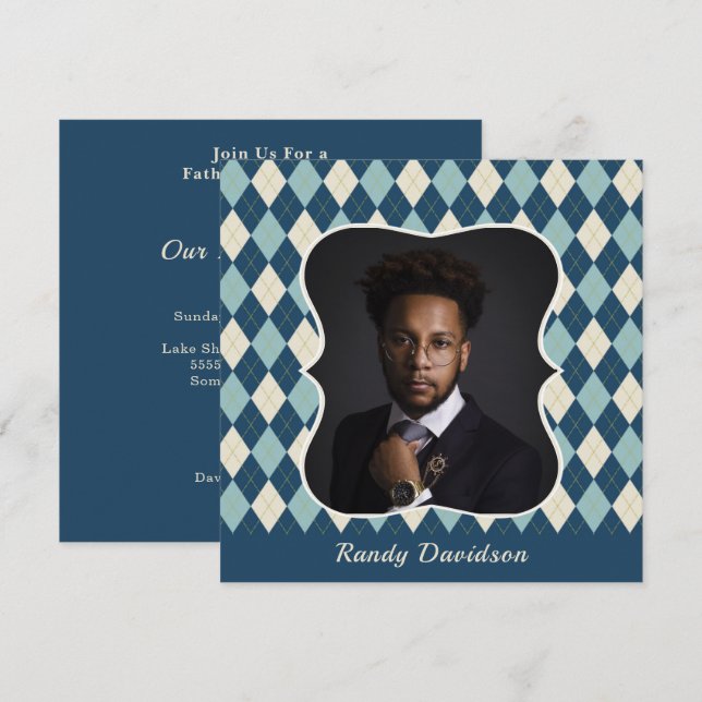 Fathers Day Custom Photo Blue Argyle Dinner Party Invitation (Front/Back)