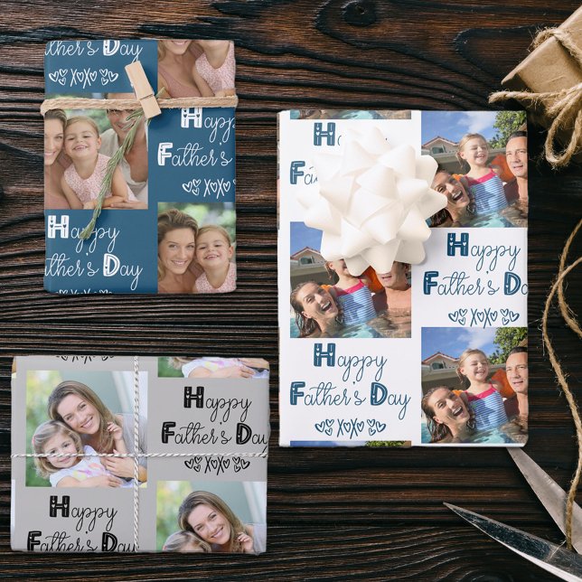 Fathers Day Custom Photo Blue Grey Set of 3 Wrapping Paper Sheets (Creator Uploaded)