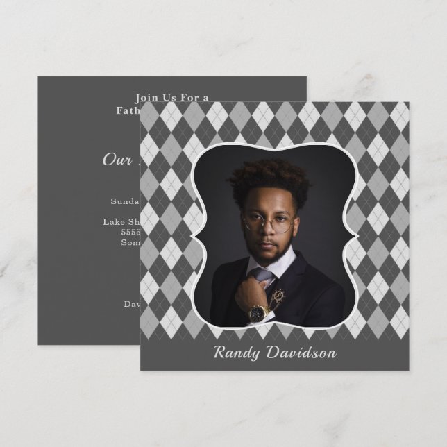 Fathers Day Custom Photo Gray Argyle Dinner Party Invitation (Front/Back)