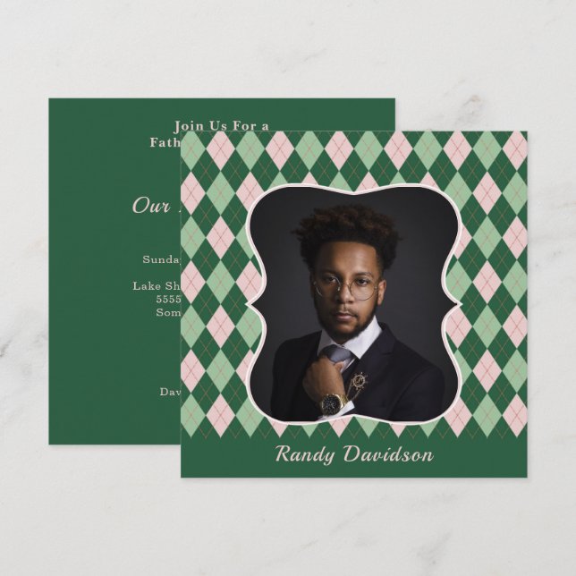 Fathers Day Custom Photo Green Argyle Dinner Party Invitation (Front/Back)