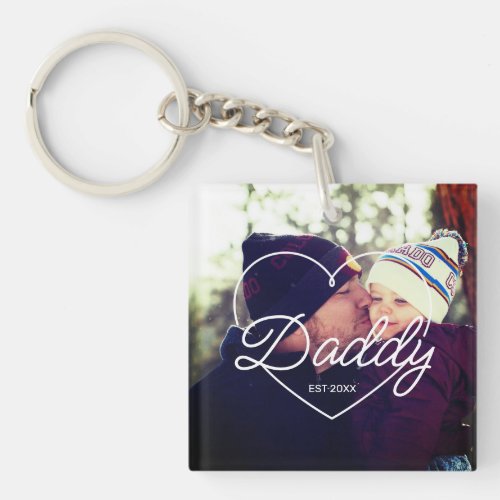 Fathers Day Custom Photo Heart Daddy Script Font Keychain