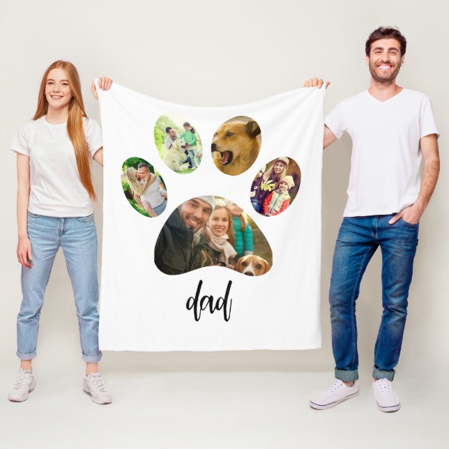 Fathers Day Dog Dad | 5 Paw Print Photo Collage Fleece Blanket (In Situ)