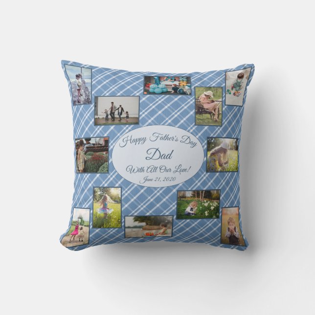 Fathers Day Family Photo Collage Template Plaid Throw Pillow (Front)