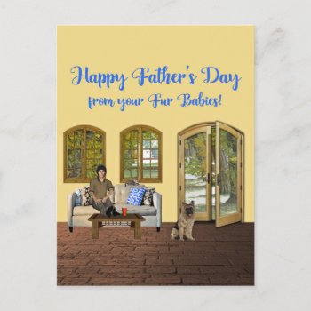 Fathers Day From Fur Babies  Man On Couch With Cat Postcard by toots1 at Zazzle